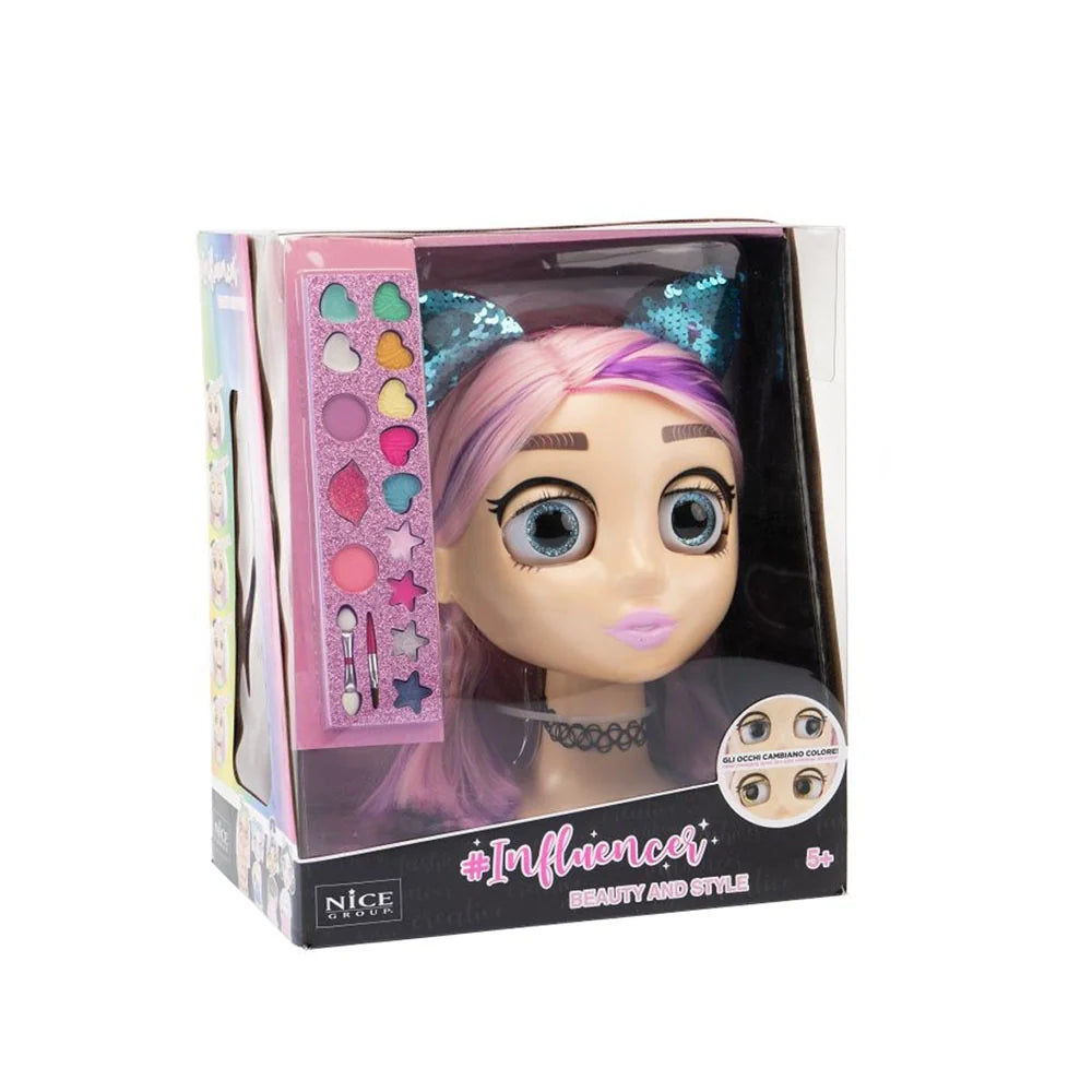 Influencer beauty doll in pink box with teal-pink hair and makeup accessories