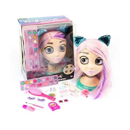 Influencer beauty doll set with pink-and-teal cat ears, accessories and makeup tools