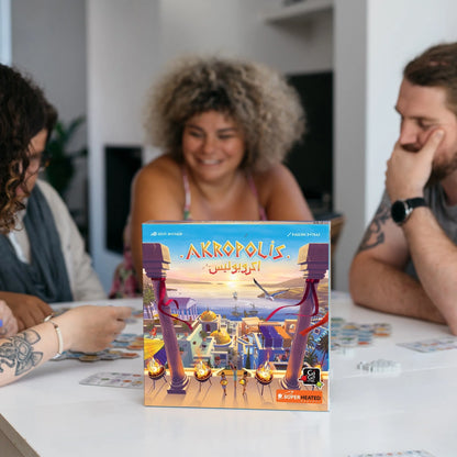 Akropolis city-building board game box with vivid temple and city artwork