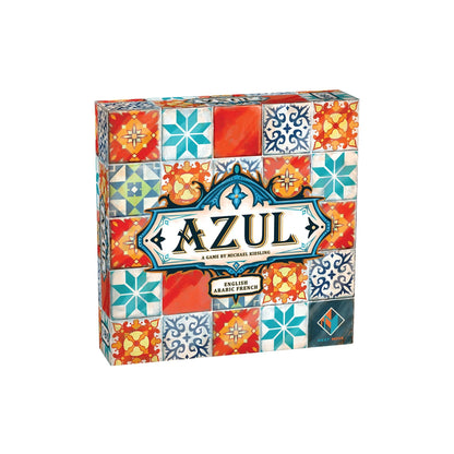 Board game box with colorful Portuguese tile pattern and decorative emblem logo