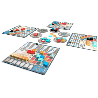 Portuguese tile board game set with four player boards, tiles, and score discs