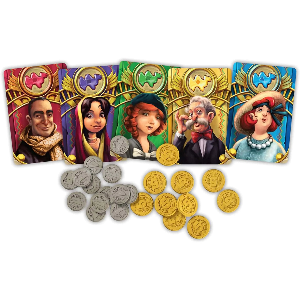 Off-season board game cards and coins set with five character face cards and tokens