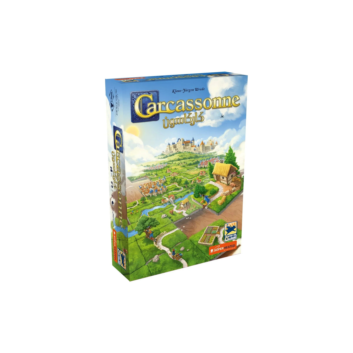 Carcassonne board game box with illustrated city and landscape