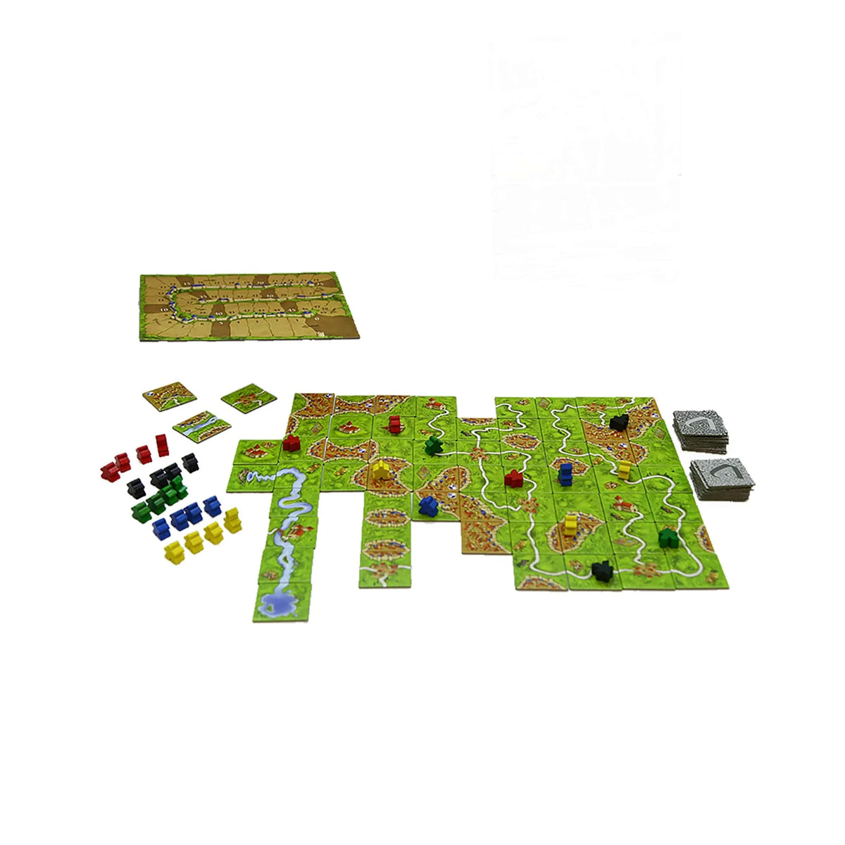Board game tile map with green terrain, roads, meeple and scoring pieces