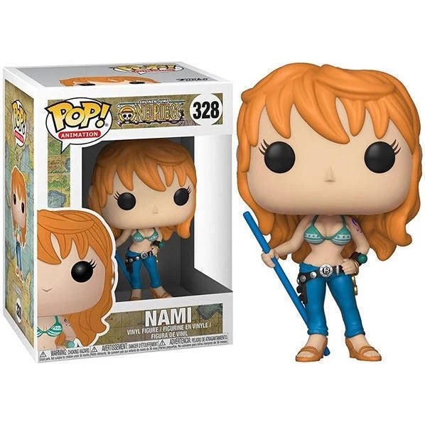 Funko Pop Nami vinyl figure with orange hair, blue outfit, trident accessory, in box