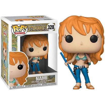 Funko Pop Nami vinyl figure with orange hair, blue outfit, trident accessory, in box