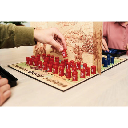 Board game playing pieces on a printed game board, with red and blue pieces