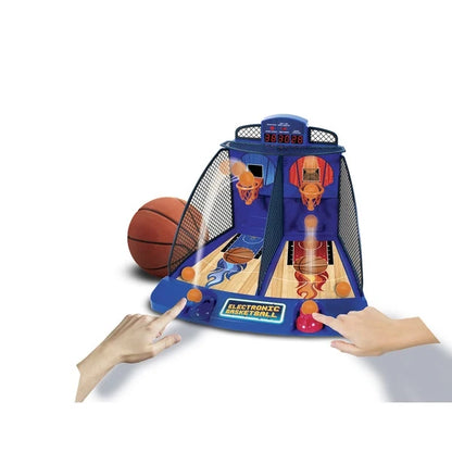 Mini basketball arcade game with blue base, orange hoop, and electronic score display