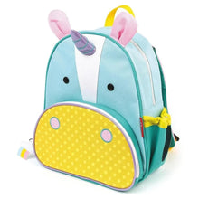 Light blue unicorn-shaped kids backpack with round yellow front pocket and ears.