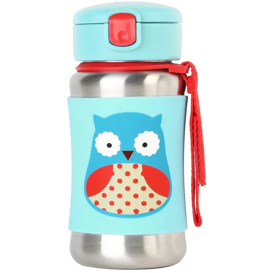 Skip Hop Zoo stainless steel straw bottle, light blue with owl graphic and red strap