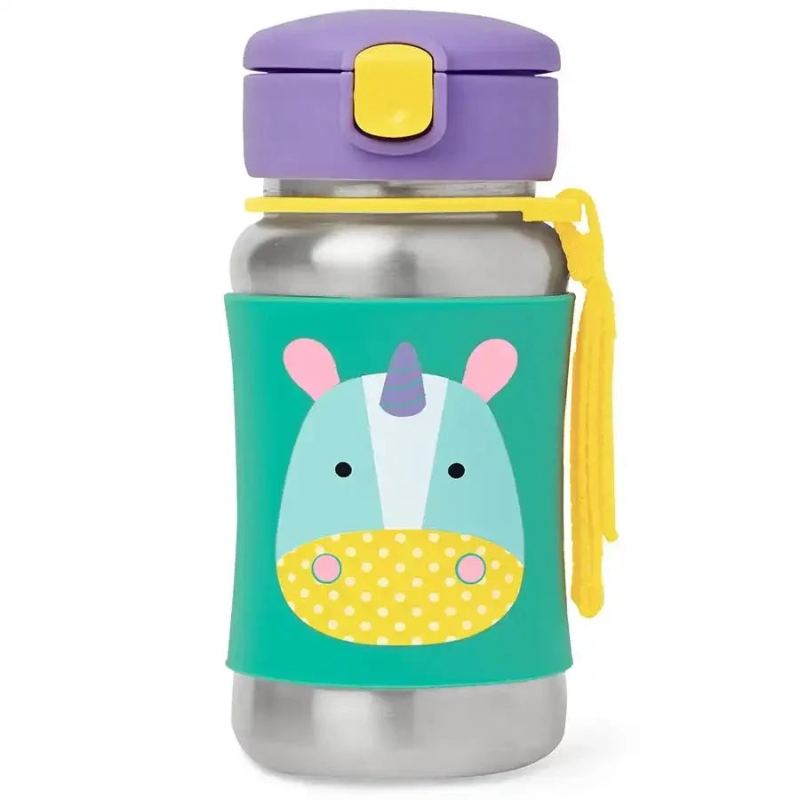 Stainless steel straw bottle with teal unicorn face graphic, purple lid and yellow spout