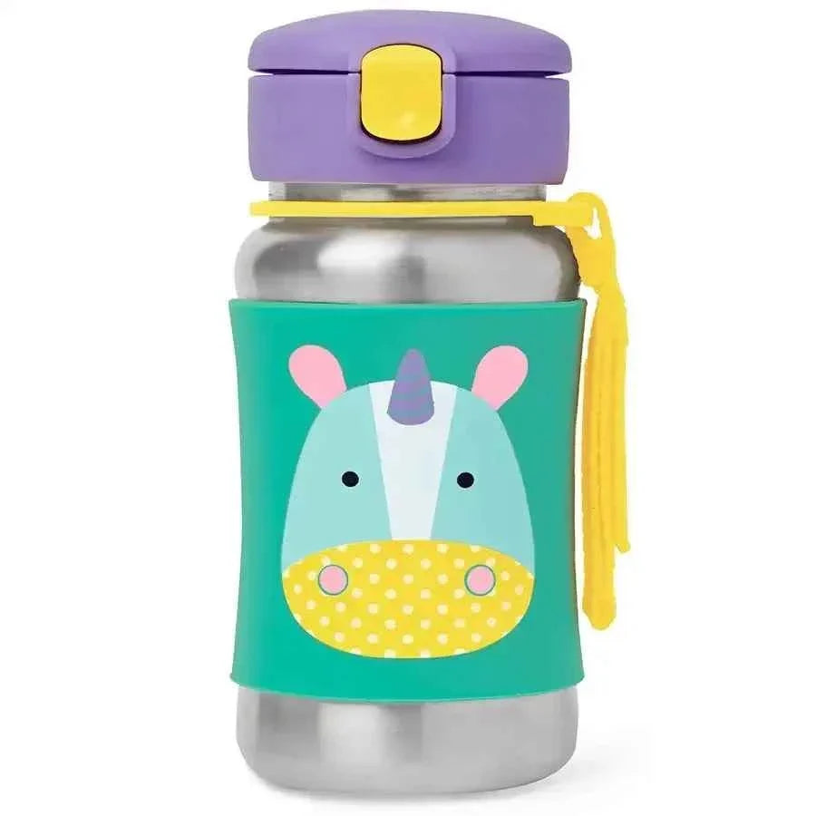 Stainless steel straw bottle with teal animal face print, purple lid, yellow carry strap