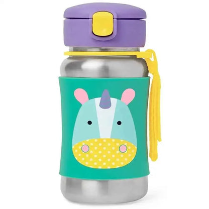 Stainless steel straw bottle with teal animal face print, purple lid, yellow carry strap