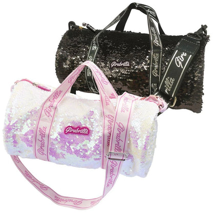 Sequin sport duffel bag set, black and iridescent white with pink logo straps