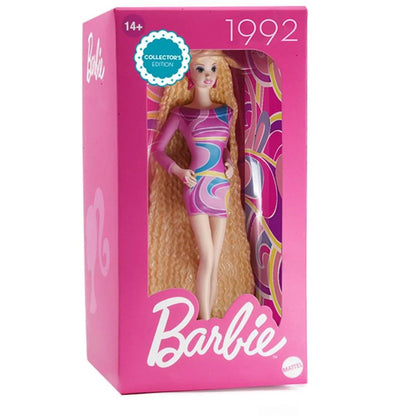 Barbie Totally Hair Collectible doll in pink patterned dress, shown in retail box