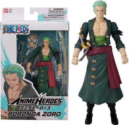 Roronoa Zoro action figure with green outfit, maroon sash, and swords accessories