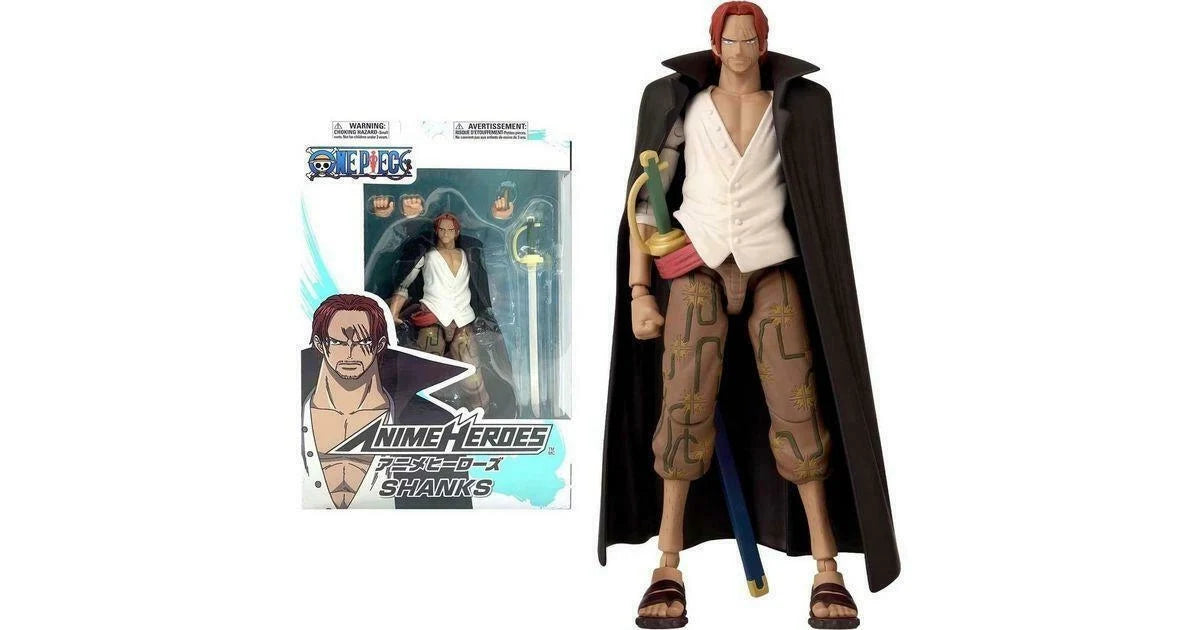 Anime Heroes Shanks action figure with box, white shirt, brown pants, black cape