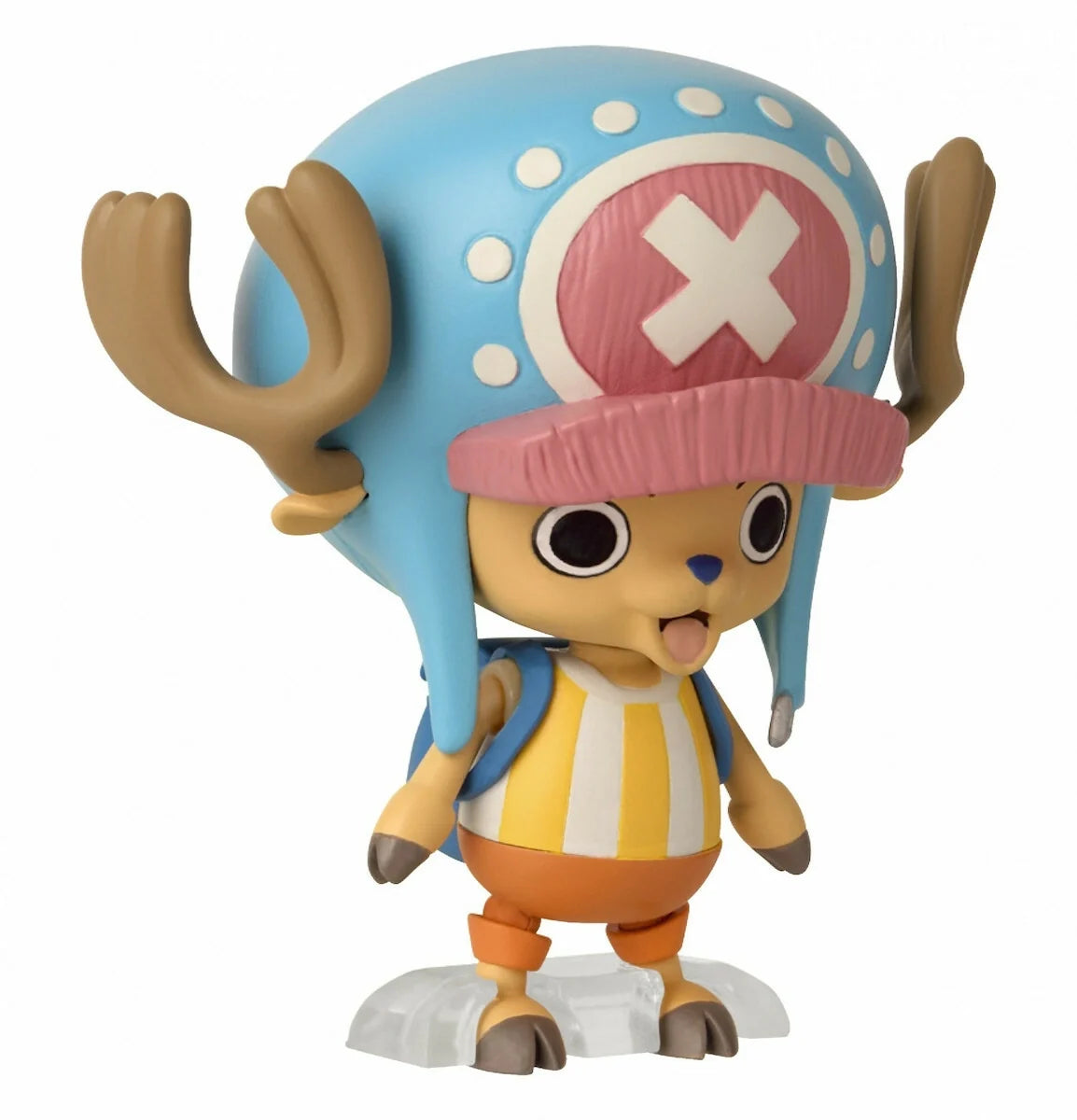 Chibi anime action figure in blue helmet and pink band, yellow outfit, posed from side