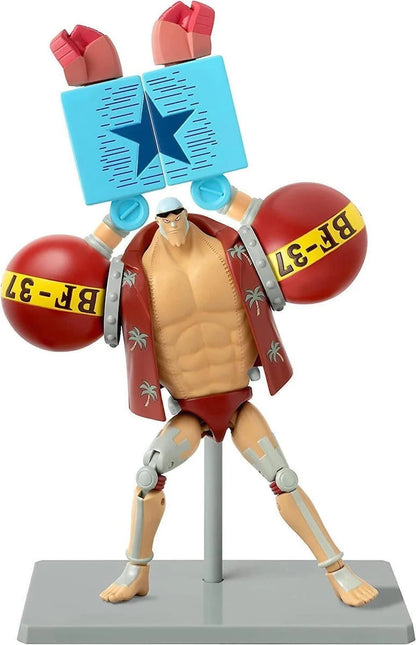 OnePcs anime action figure with tan bodysuit, maroon jacket, red boxing gloves, blue panels