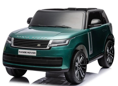 Teal ride-on SUV front view, black grille and headlights, black wheels
