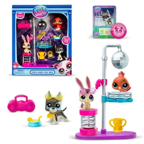 Disco pet playset in box with figures, disco ball stand, and accessory trophy pieces