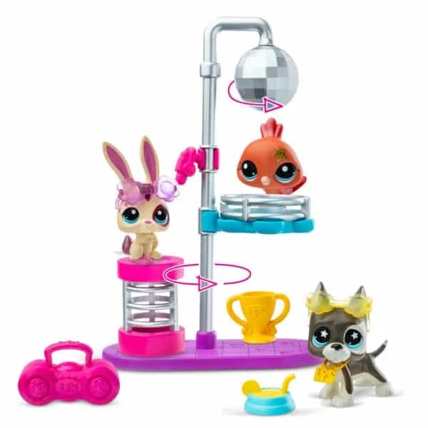 Disco pet playset with disco ball stand, spinning tubs, and four character figures