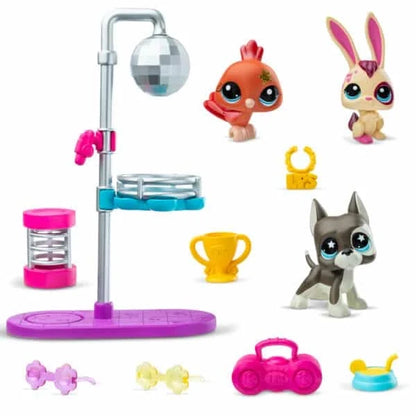 Disco pet playset stand with disco ball, spinning tubs, and small pet figure accessories