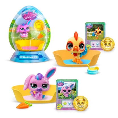 Pet toy springtime assortment with two animal figures, pet bowls, and collectible cards
