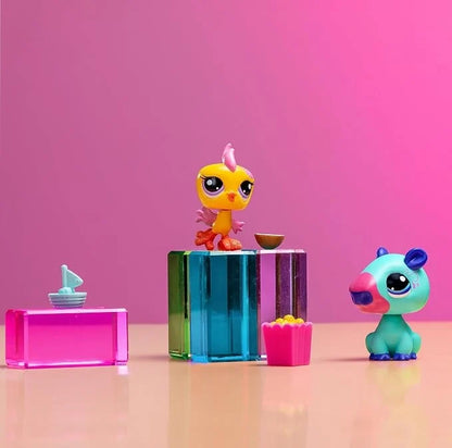 Pet Pairs character figurines with drink and snack accessories on pedestals