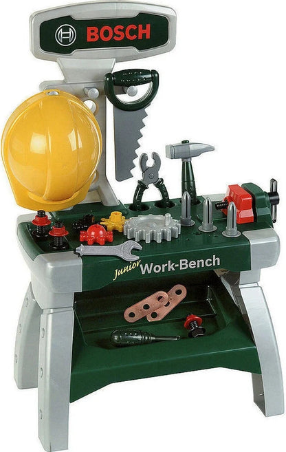 Bosch junior workbench set with yellow hard hat, tools, and green work surface
