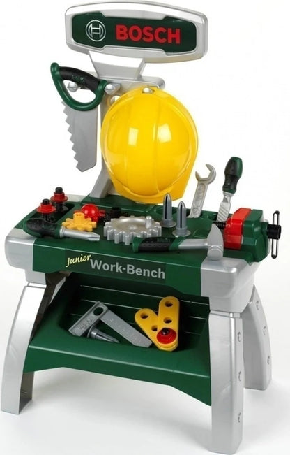Bosch junior workbench set with yellow helmet, wrenches, and tool accessories