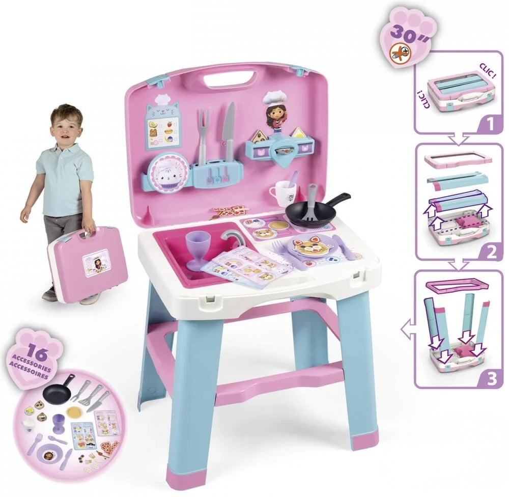 Pink play kitchen set with suitcase design, table, stovetop and kitchen accessories