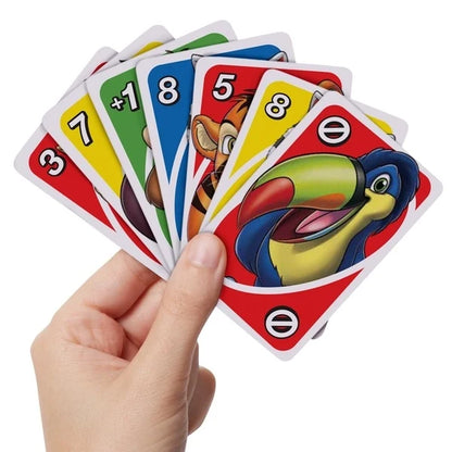 UNO Junior card deck with animal number cards held in hand