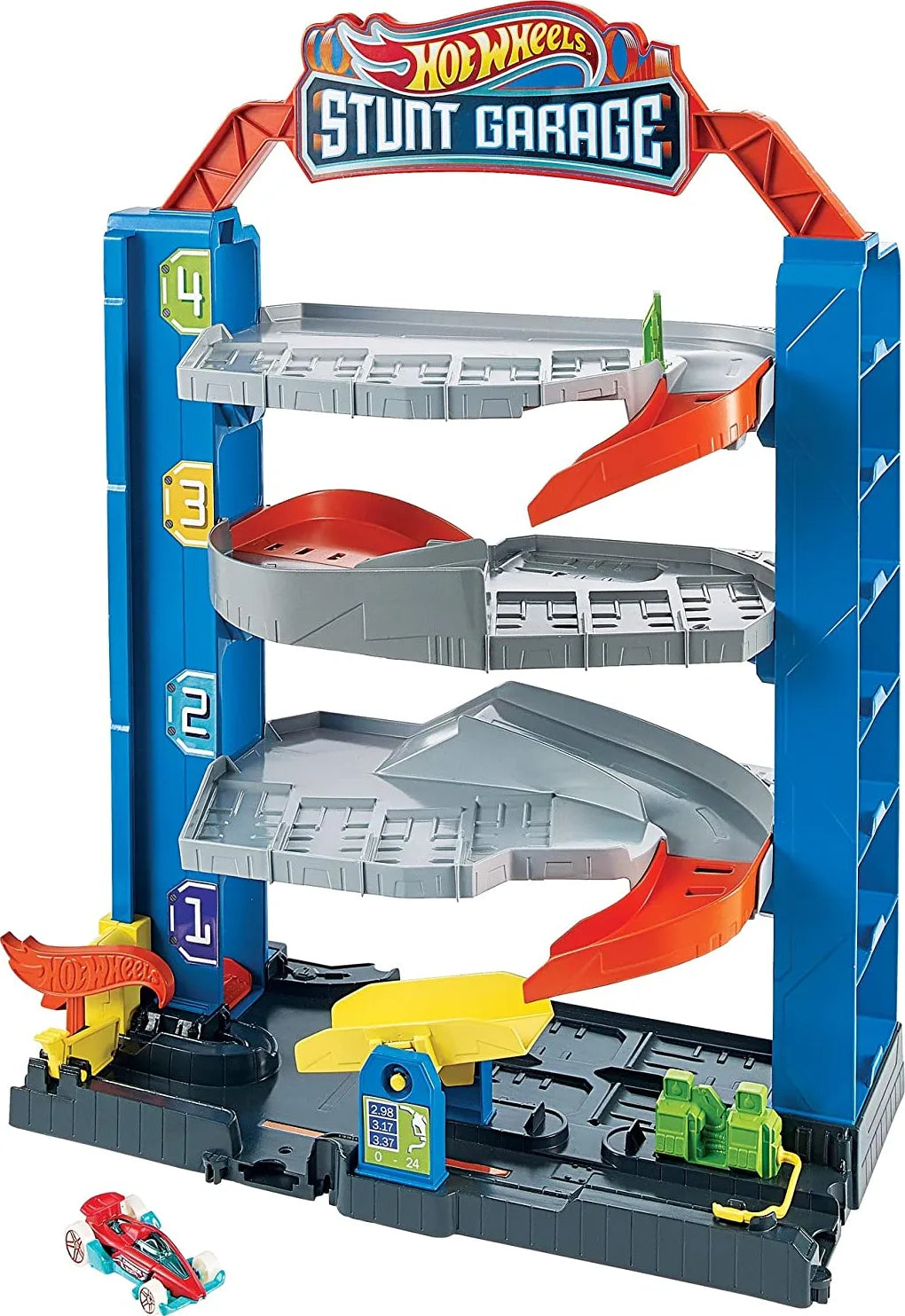 Stunt Garage playset with stacked gray tracks, red slides, and launch area