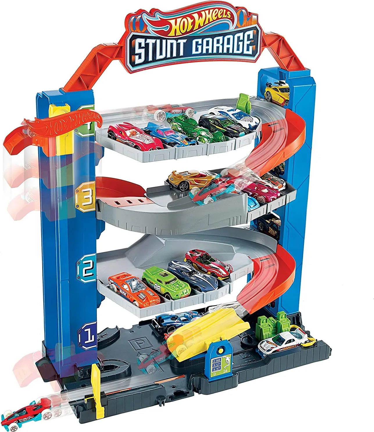 Hot Wheels Stunt Garage playset with orange and blue ramps and multiple toy cars