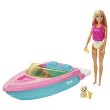 Barbie doll, pink and teal boat with puppy and small drink accessory