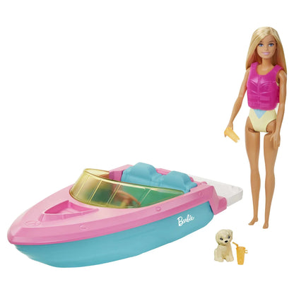 Barbie Doll and Boat Playset with Pet Puppy, Life Vest and Beverage Accessories