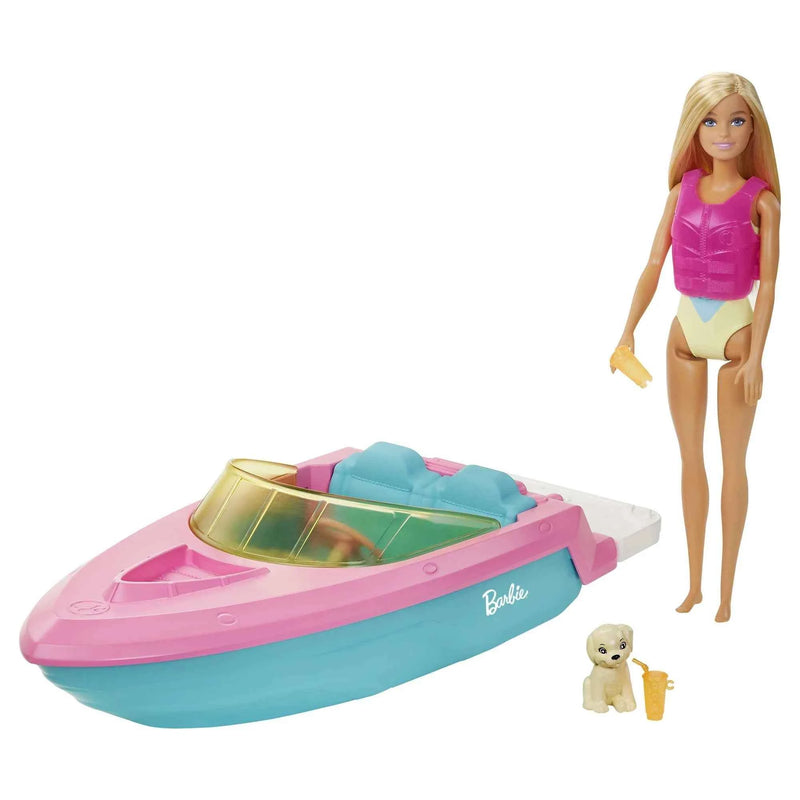Barbie Doll and Boat Playset with Pet Puppy, Life Vest and Beverage Accessories