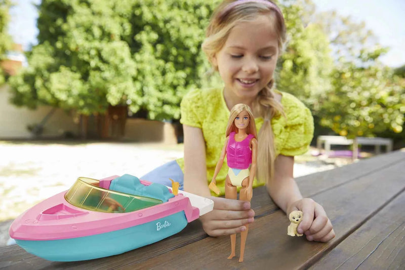 Barbie Doll and Boat Playset with Pet Puppy, Life Vest and Beverage Accessories