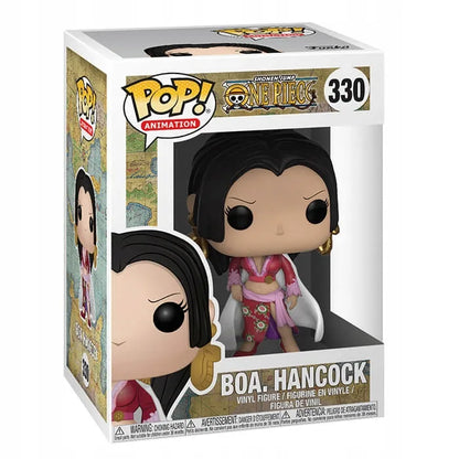 Boxed vinyl figure of Boa Hancock in pink dress with black hair and gold earrings