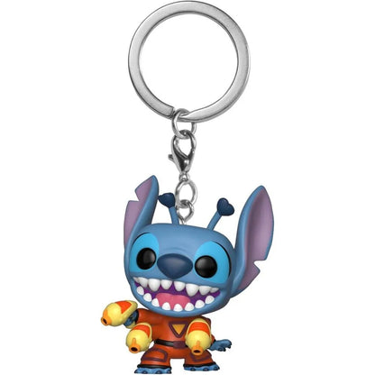 Stitch 626 keychain figure with raised blaster on silver keyring
