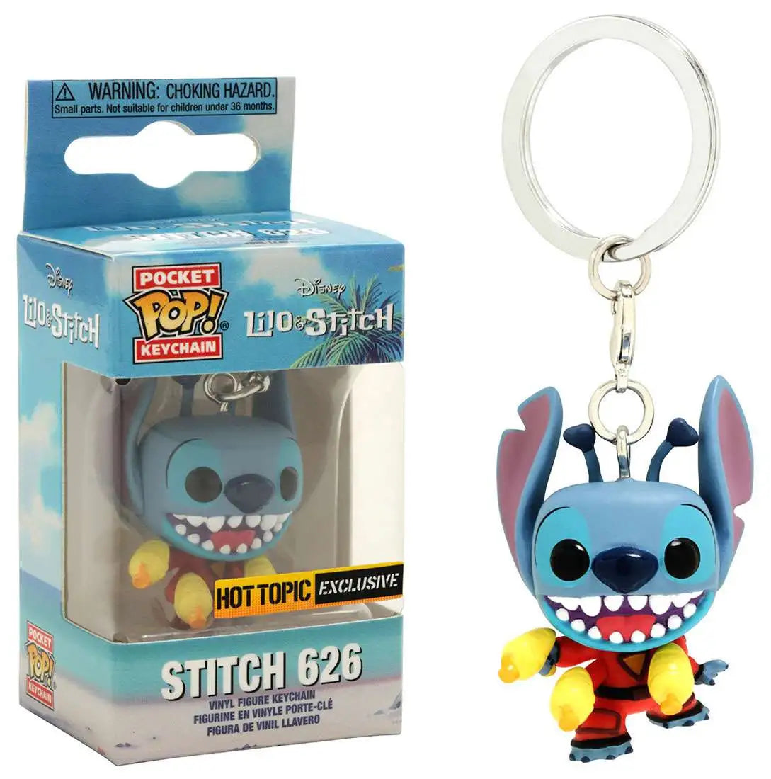 Stitch 626 keychain with blaster, blue alien figure on a split ring