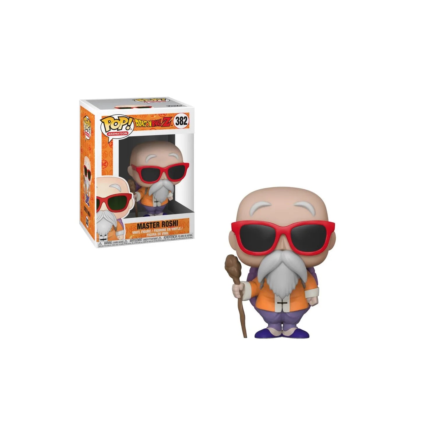 Master Roshi figure with red sunglasses and gray beard, holding a staff, orange robe
