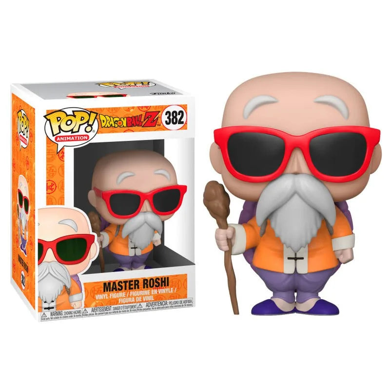 Master Roshi figure with red sunglasses, orange robe, gray beard, holding staff