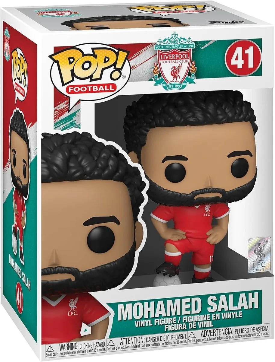 Mohamed Salah vinyl figure box with window, figure in red kit and black curly hair
