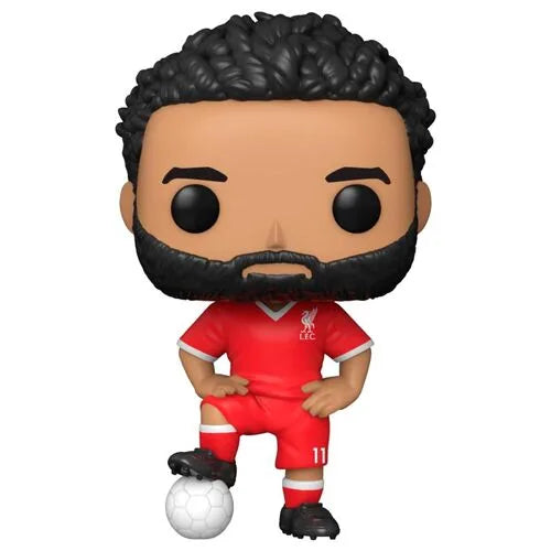 Mohamed Salah vinyl figure in red football kit, black curly hair, holding a ball