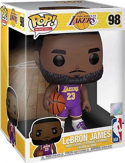 LeBron James basketball collectible in box, wearing purple Lakers jersey 23, holding basketball