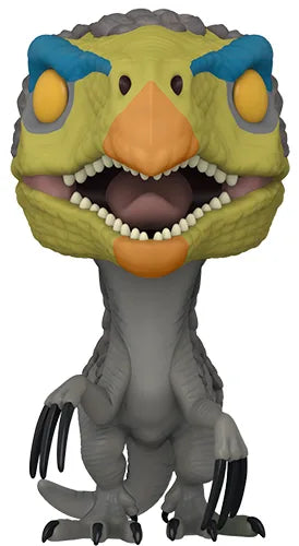 Therizinosaurus dinosaur figurine close-up, yellow-green face, blue crest, open toothy mouth