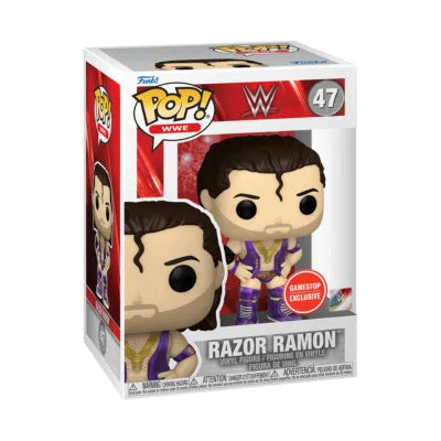 Boxed metallic collectible action figure in purple wrestling outfit with dark hair