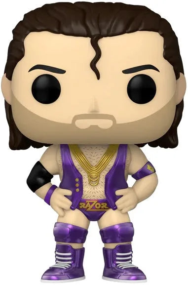 Metallic collectible action figure in purple wrestling outfit with dark hair